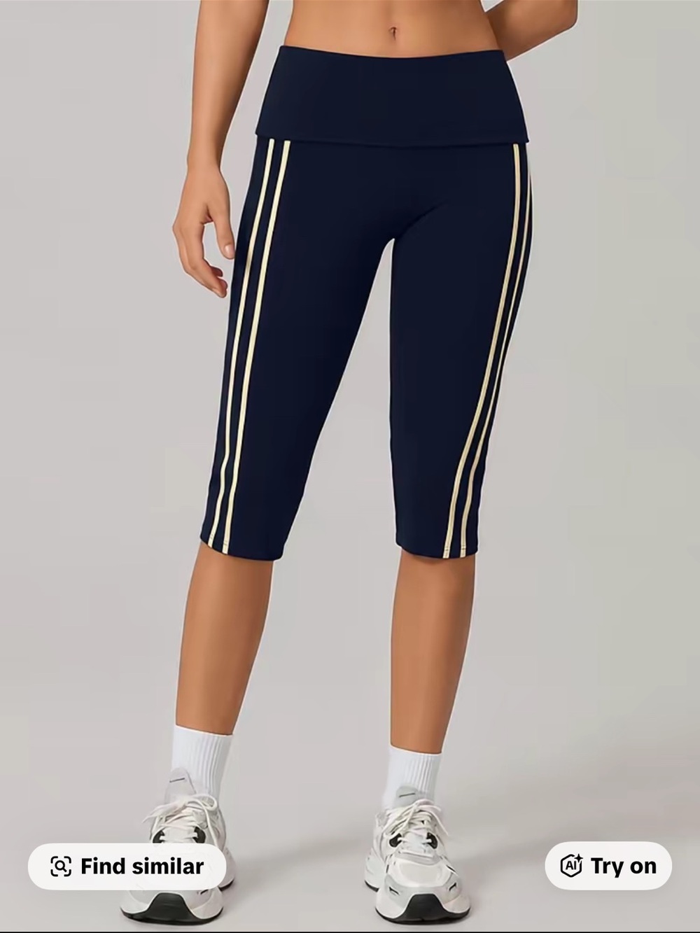 High-Rise Navy Capri Leggings with Contrast Side Stripes